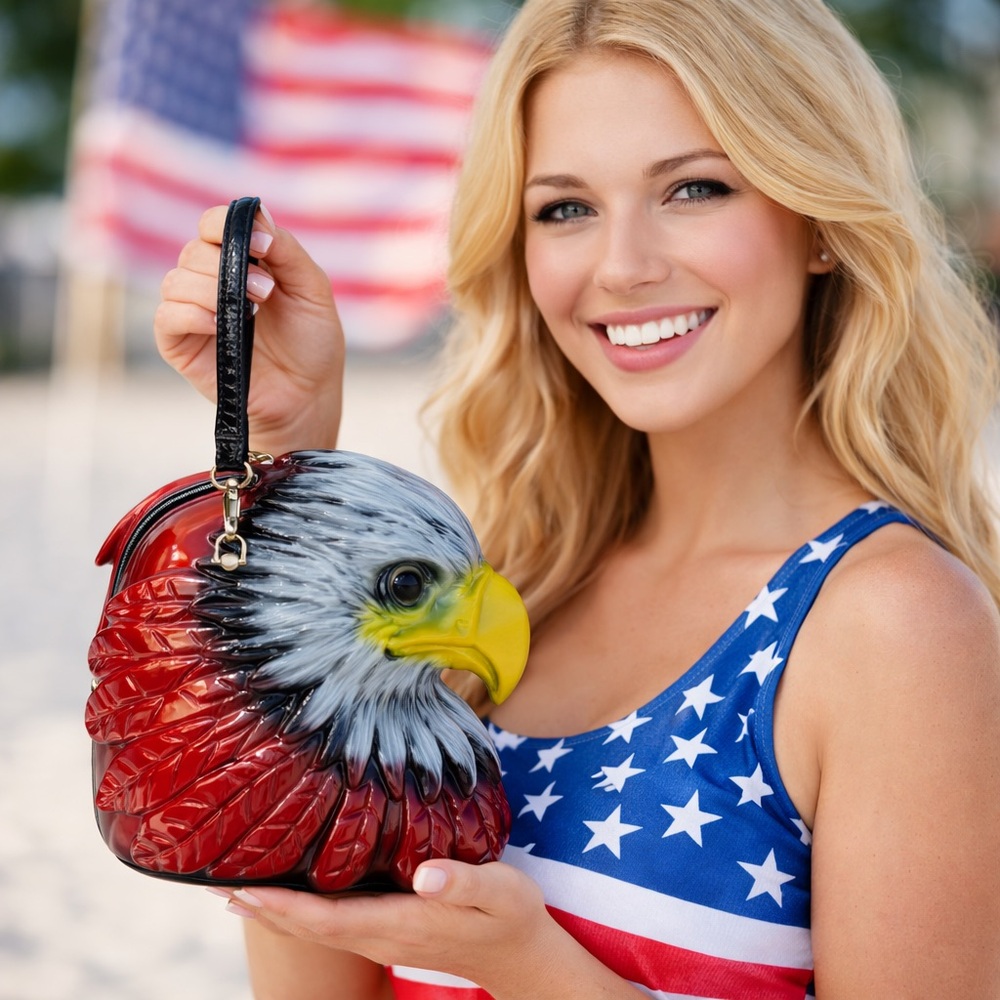 Proud to Be An American Red Yellow Black 3D Eagle Head Mini Bag Clutch